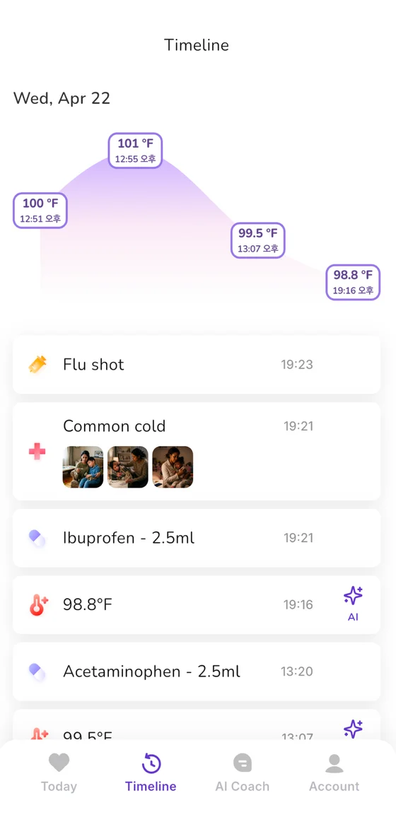 FeverCoach — a saved timeline of temperatures, medications, and vaccinations